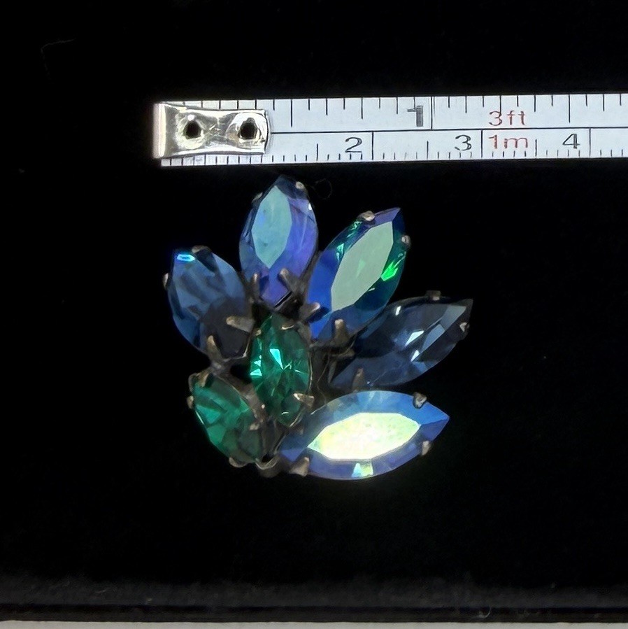 Signed REGENCY Electric Blue/Green Swirl AB Rhinestone Brooch/Earring Vtg Set