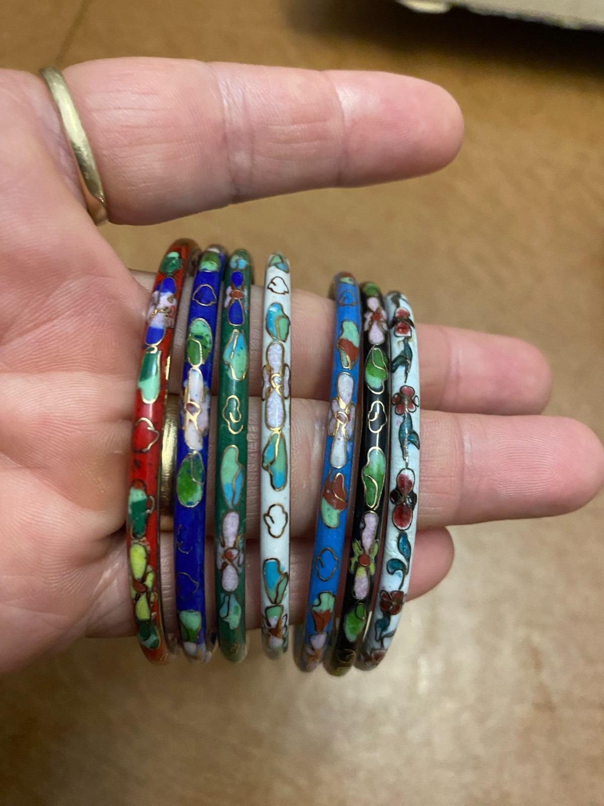 Vintage Set Of 7 Bangle Inlaid Cloisonné Multi-Color Enamel Bracelets