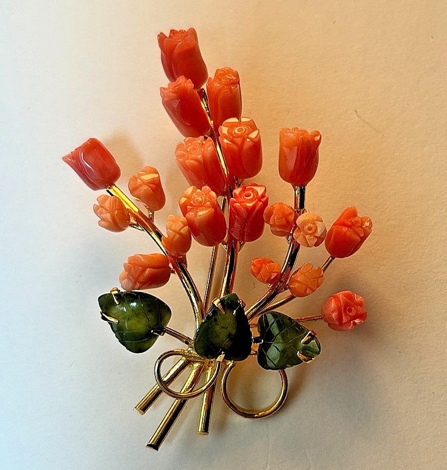 VINTAGE Brooch Bouquet Genuine Coral Pink Carved Roses Jade Leaves Gold Angelskn