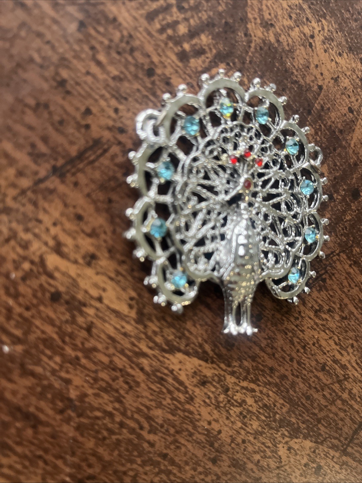 Vintage Peacock Pendant Filigree Rhinestone Statement Silver Tone Large No Chain