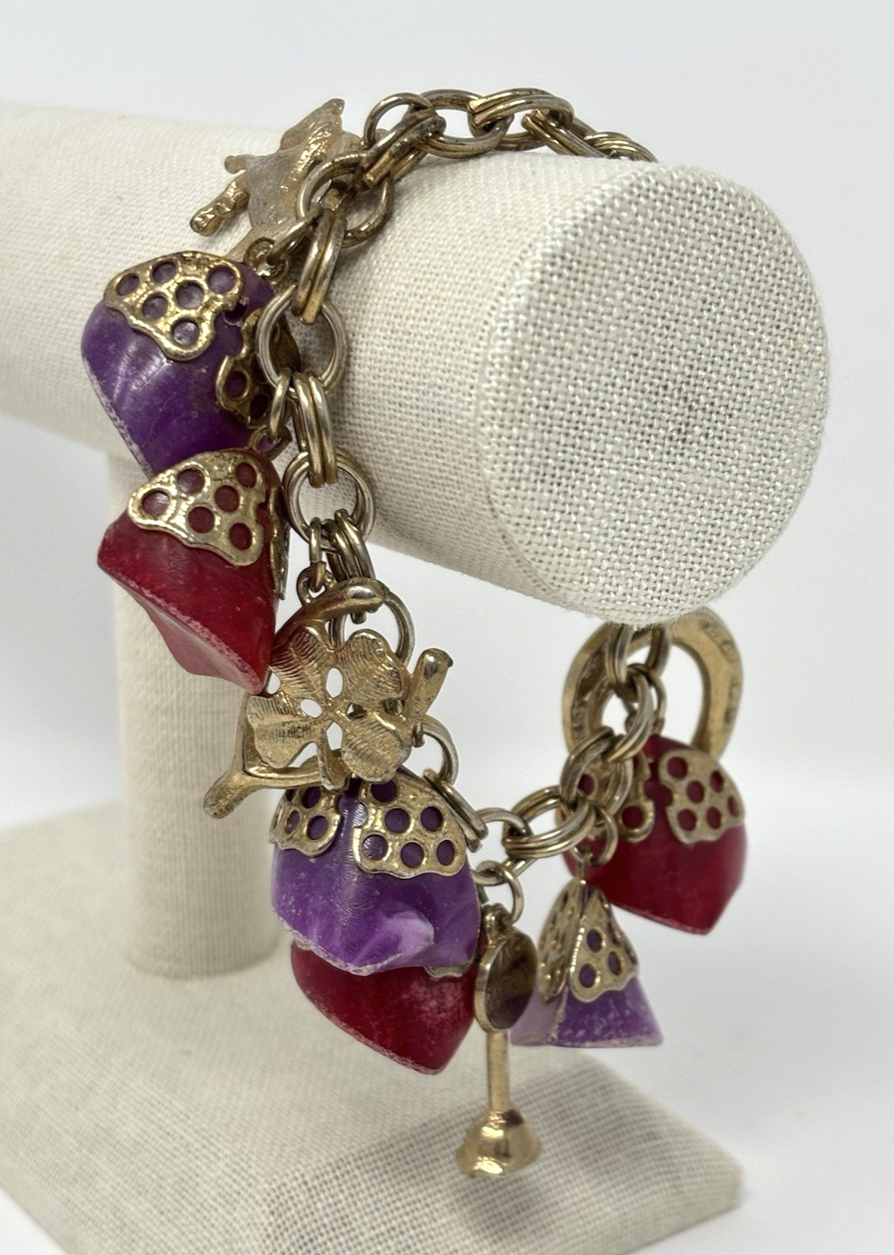 Vintage 60’s Chunky Charm Bracelet Lucky Horse Shoe Racing Purple Red Lucite
