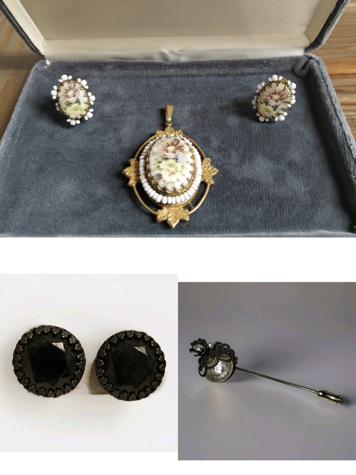 Rare Signed MIRIAM HASKELL Lot Pendant/Ergs Set, Screw Back Earrings, Stick Pin