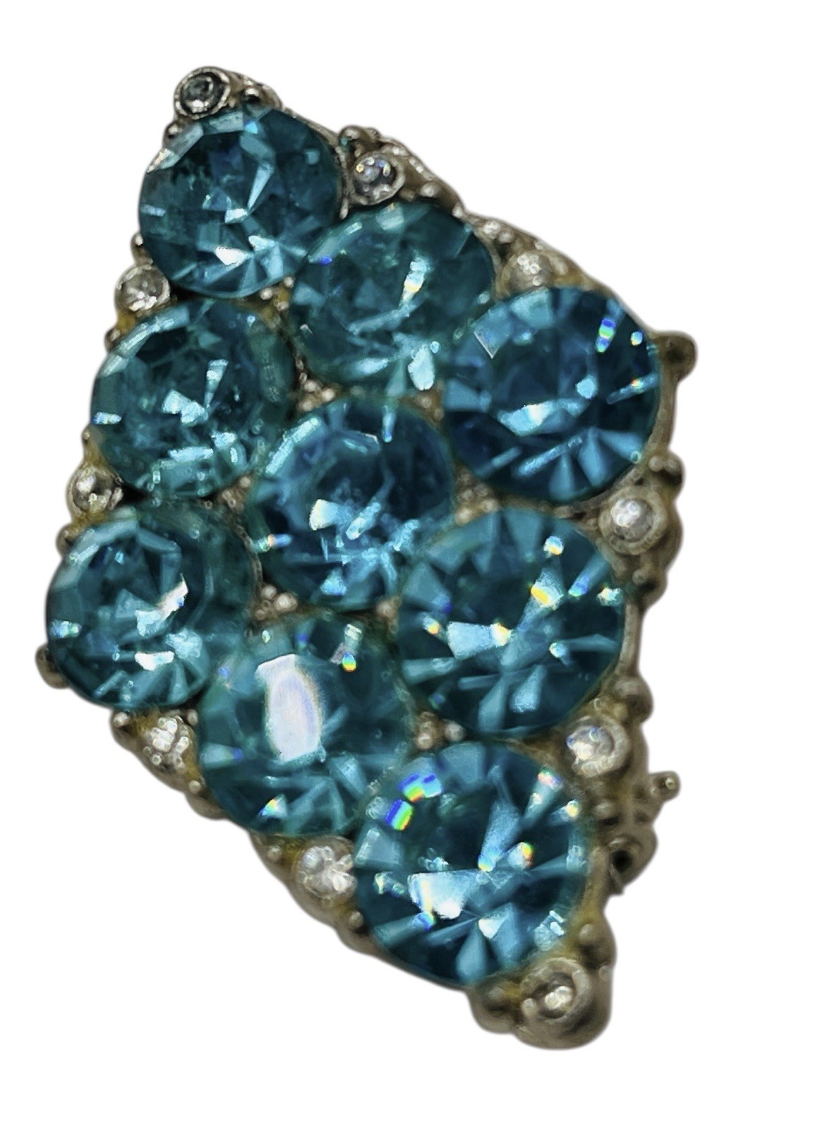 Vintage Aqua Glass Mid Century Rhodium Plated Old Hollywood Glamour Brooch