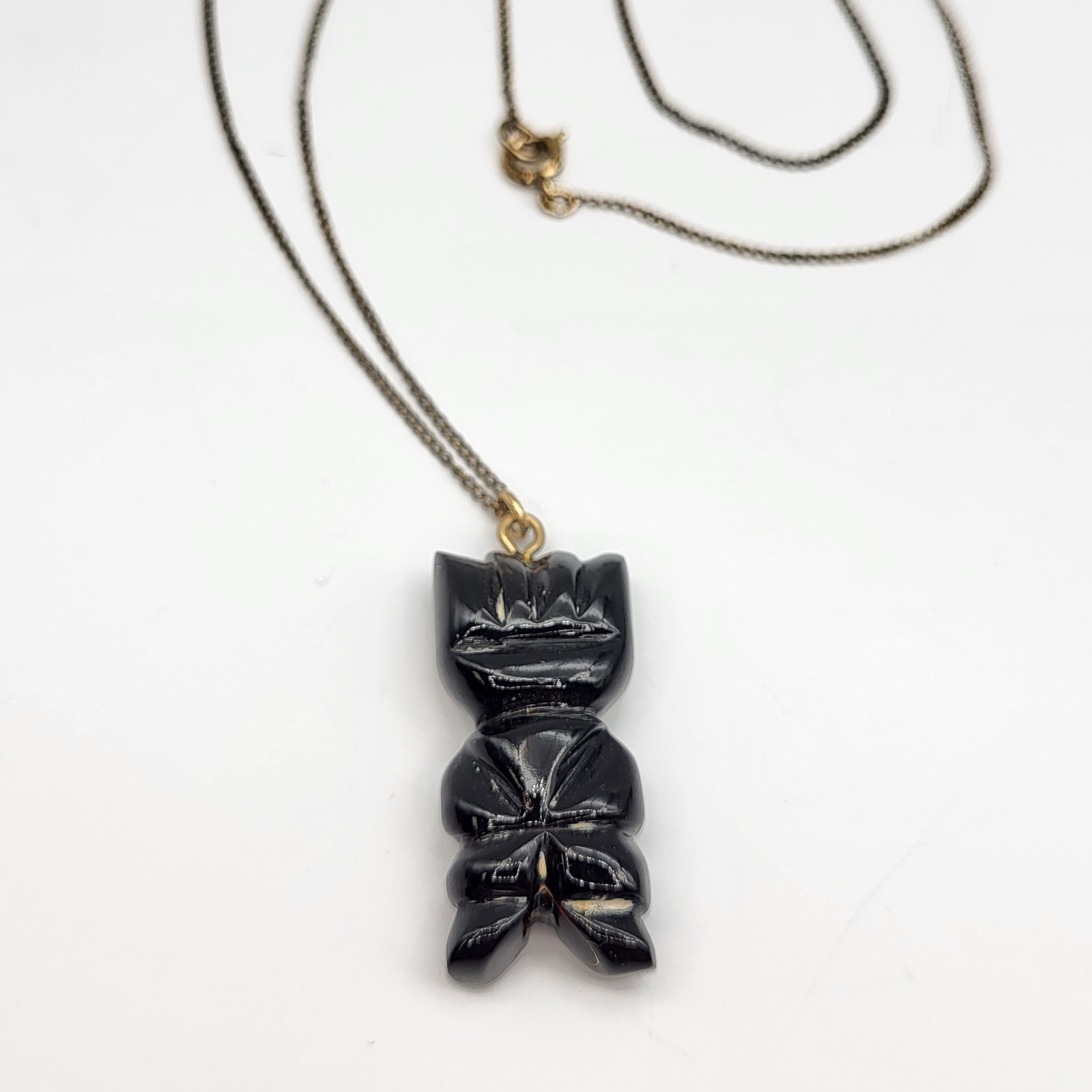 VTG Black Coral Moai Easter Island Tiki Pendant Hand Carved gold filled chain