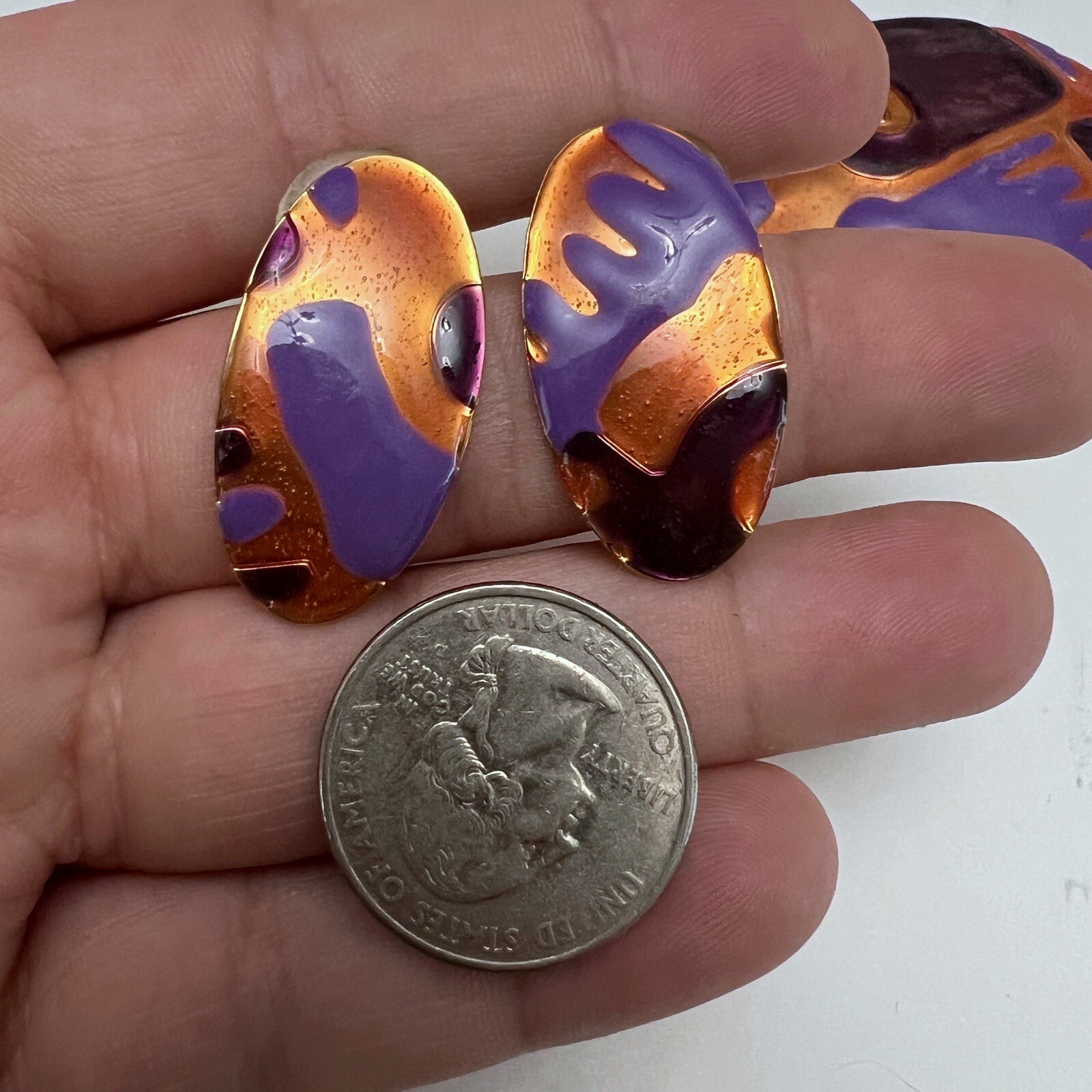 Vintage Postmodern Pink Purple Copper Enamel Abstract Design Pin & Earrings Set