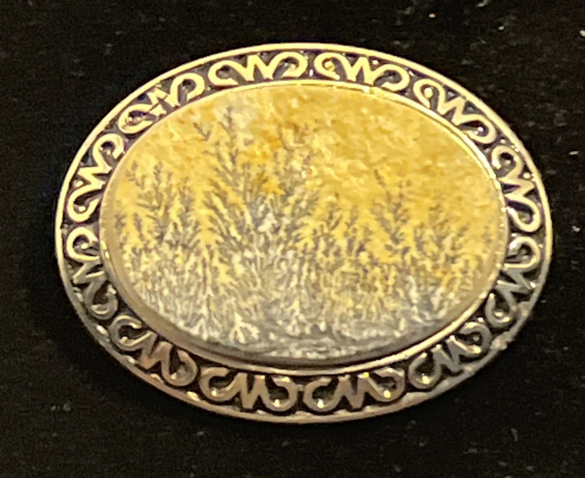 Antique Dendritic Agate Oval Brooch Blue Enamel Scrollwork Frame Very Good