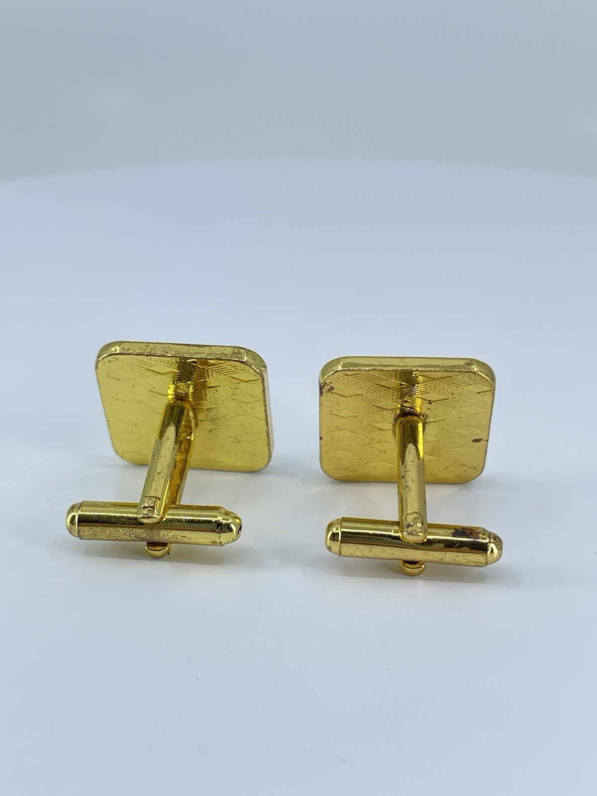 gold tone square yellow glass cufflinks white rhinestones accents bullet backs