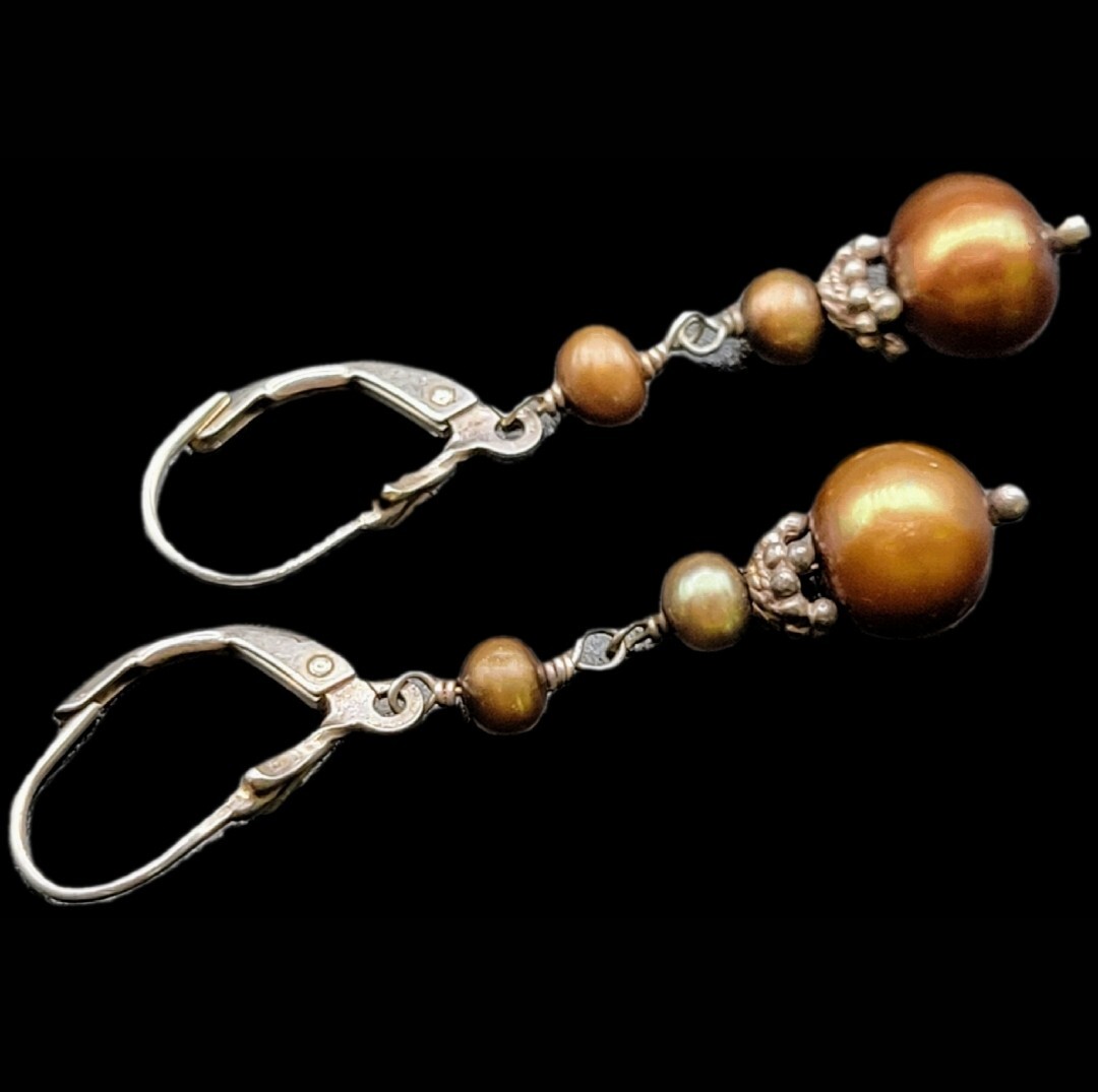 Vintage GOLDEN BROWN PEARL & Sterling Silver Earrings BOHO Ethnic GYPSY Pagan