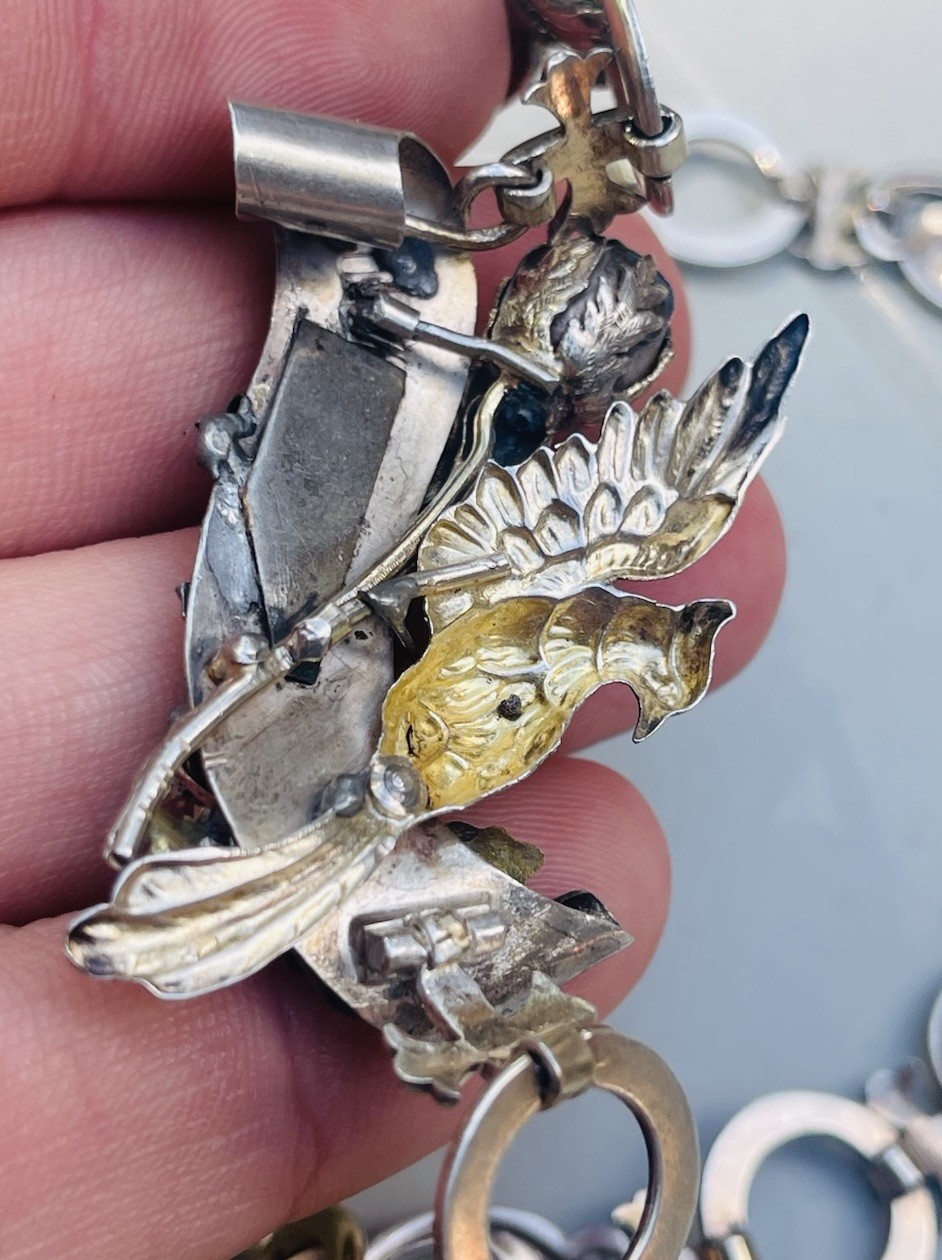 Antique Victorian Sterling Silver Vermeil Bird Turquoise Necklace