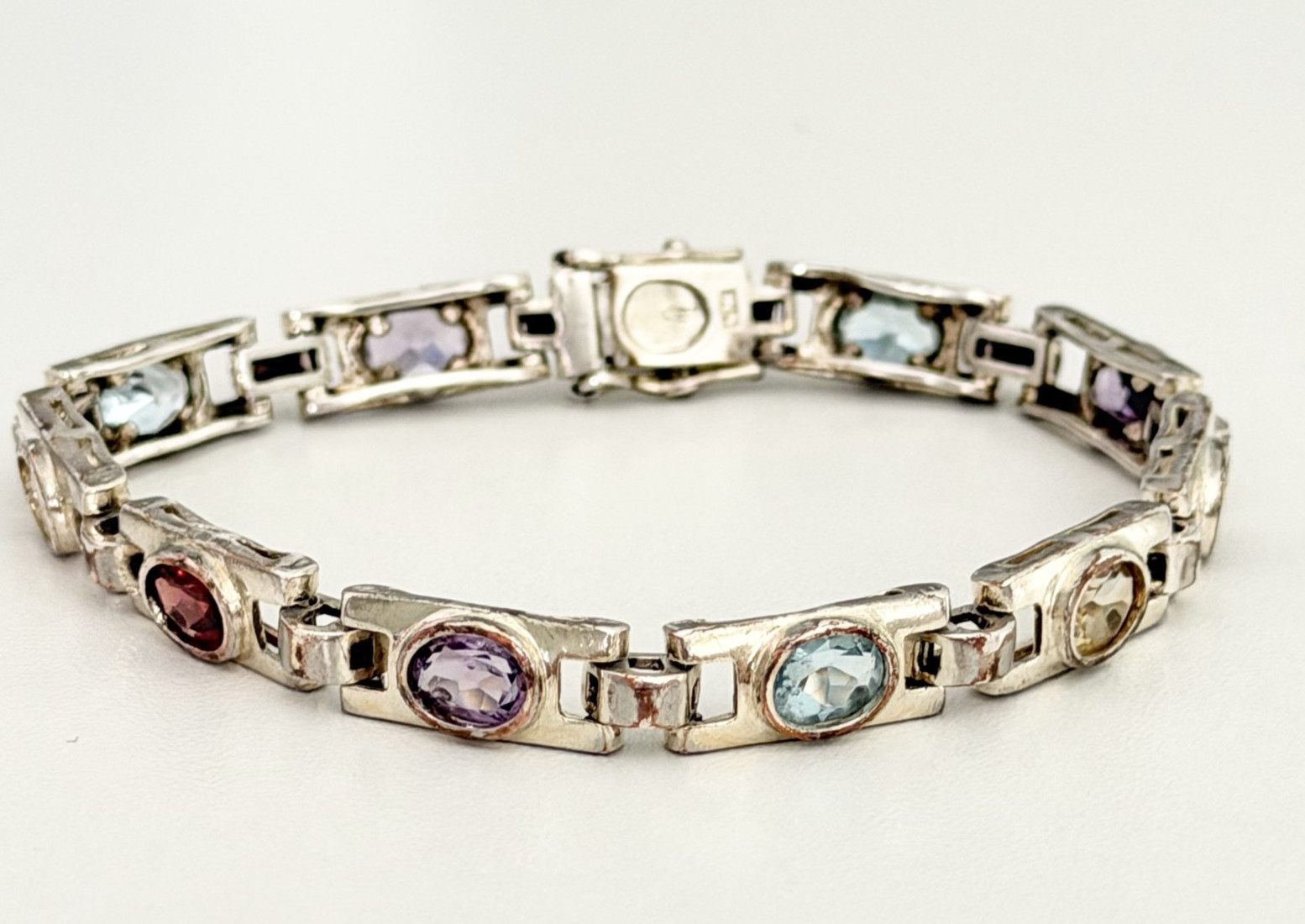 Vintage 925 Sterling Silver Genuine Multi Gemstone Tennis Bar Link Bracelet 7″