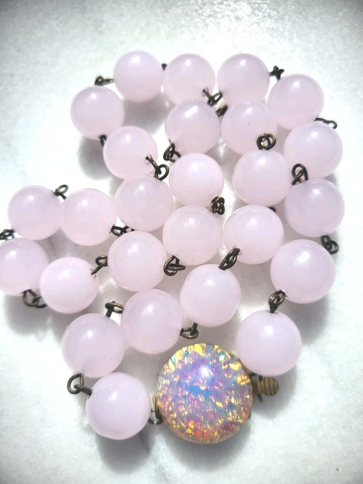SALE! VINTAGE PINK OPALINE GLASS BEAD NECKLACE SET OPAL FOIL GLASS CAB CLASP