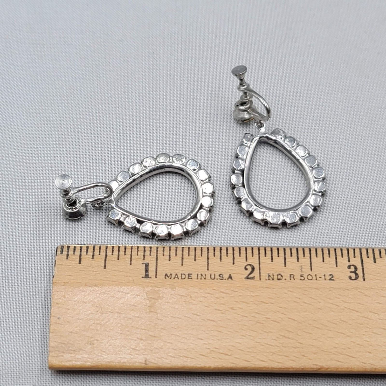 Vintage Open Dangle Clear Rhinestone Clip on Earrings Silver tone Screw Back 1.5