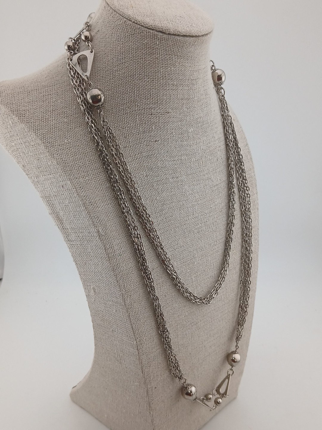 1960s silver tone multi chains ball beads open triangle design accents necklace