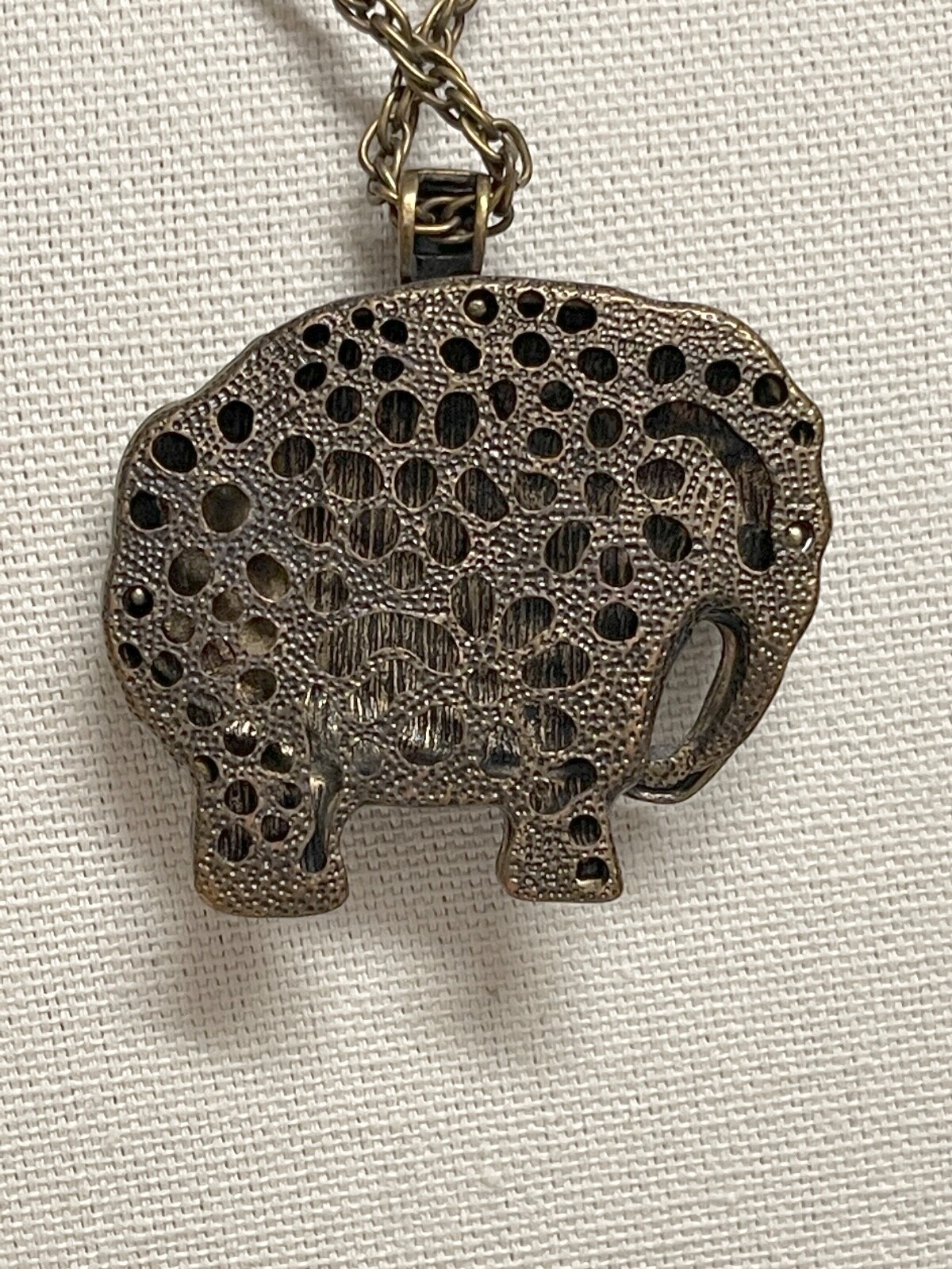 Large Elephant Pendant on Brass Tone Long Chain Vintage