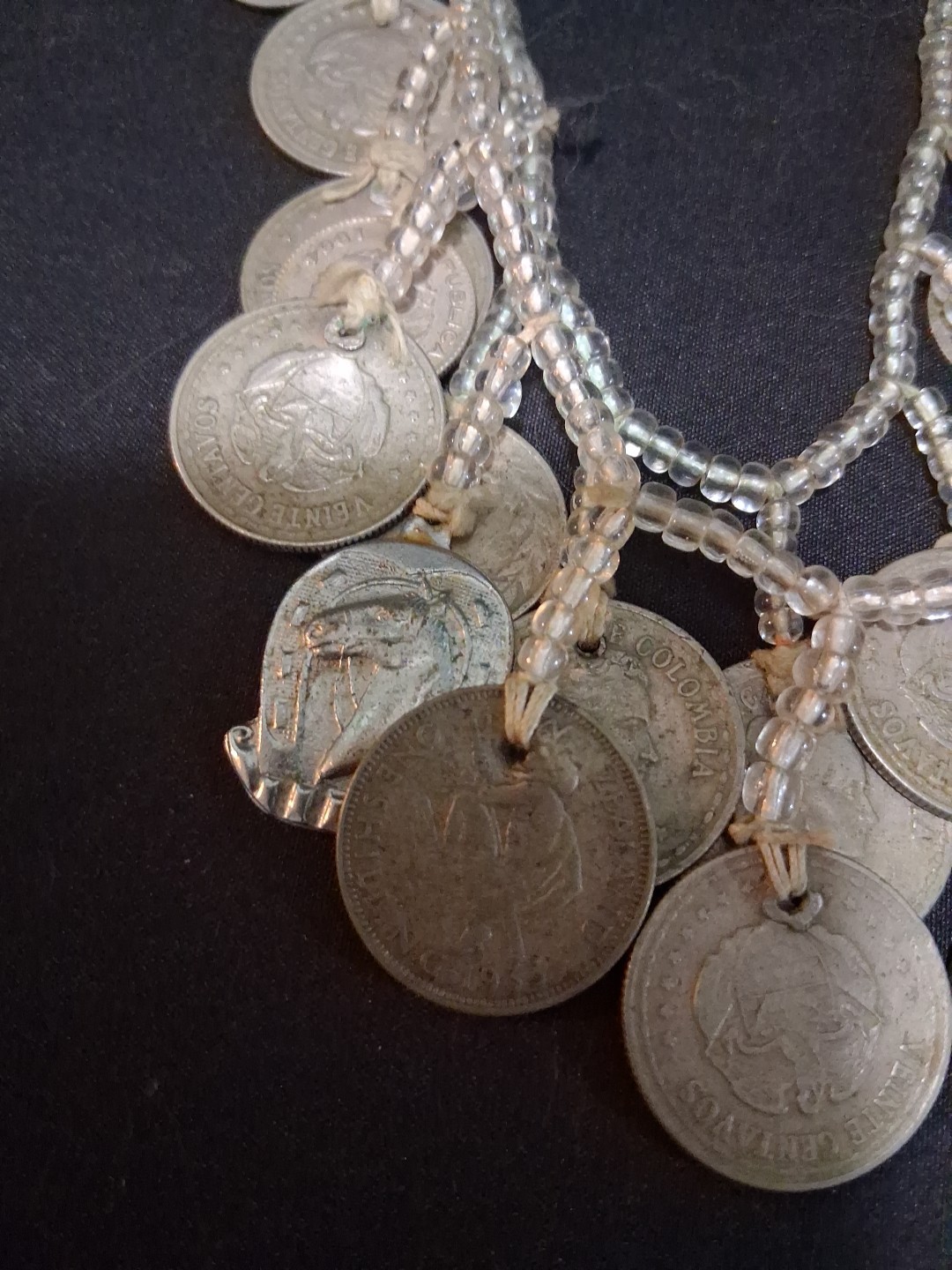 Coins From Around The World Necklace 1930s-60s Clear Beads String Custom Made