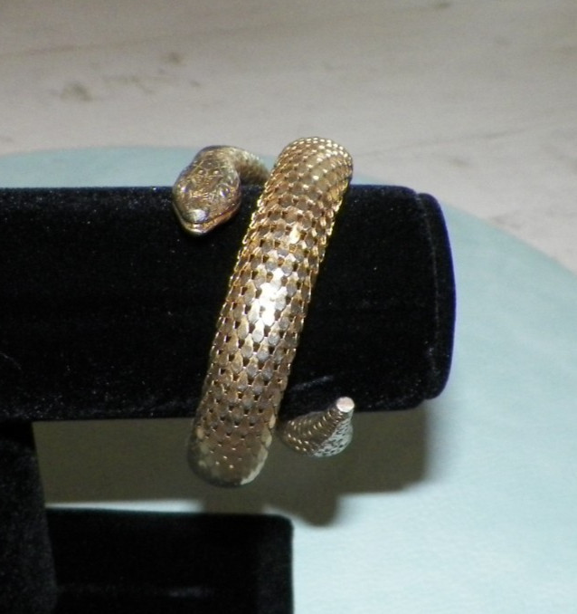 VINTAGE WHITING & DAVIS GOLDTONE MESH COIL SNAKE BRACELET