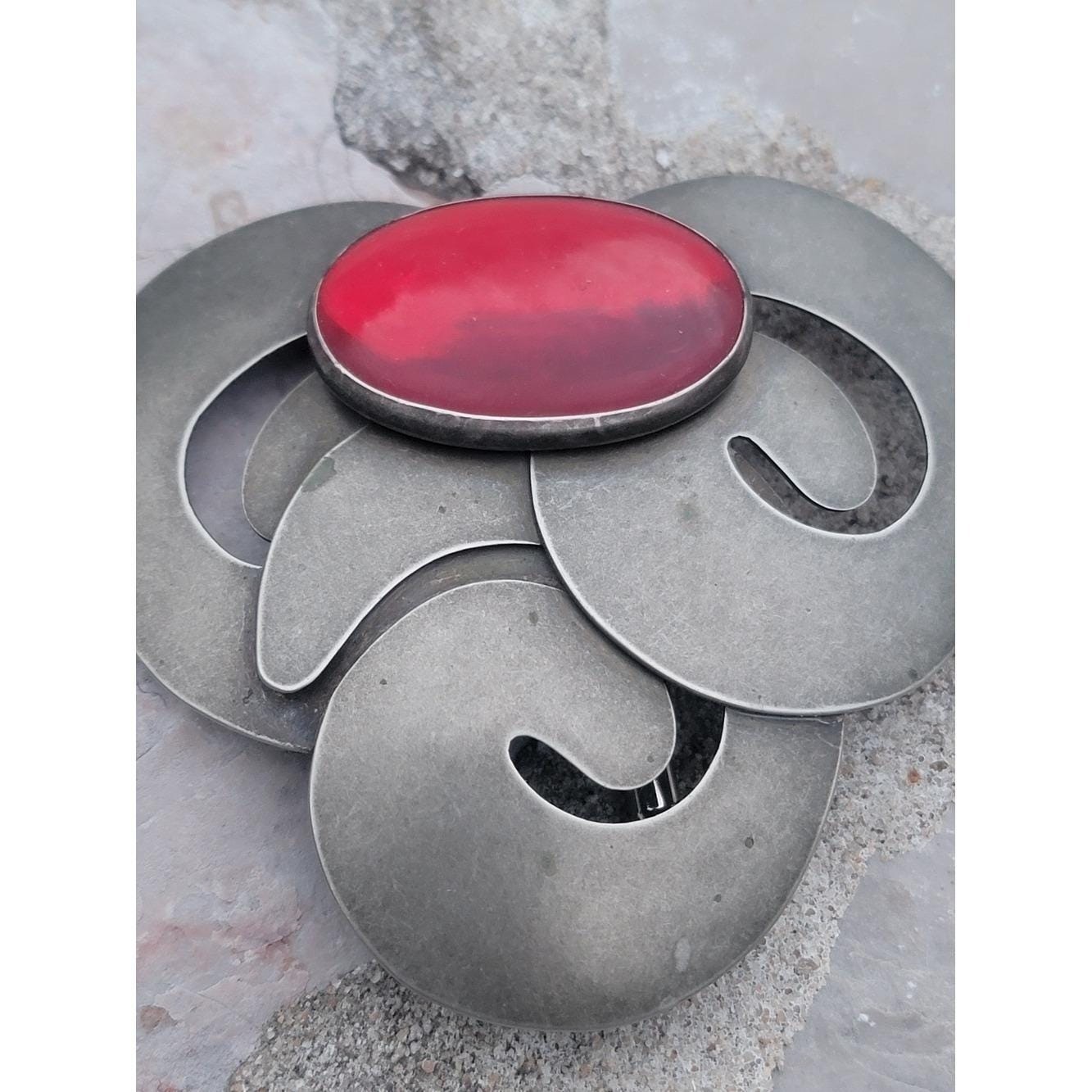 Signed Audrey Schenk Modernist Brooch Red Cabochon Silver Tone Artisan Pin 1987