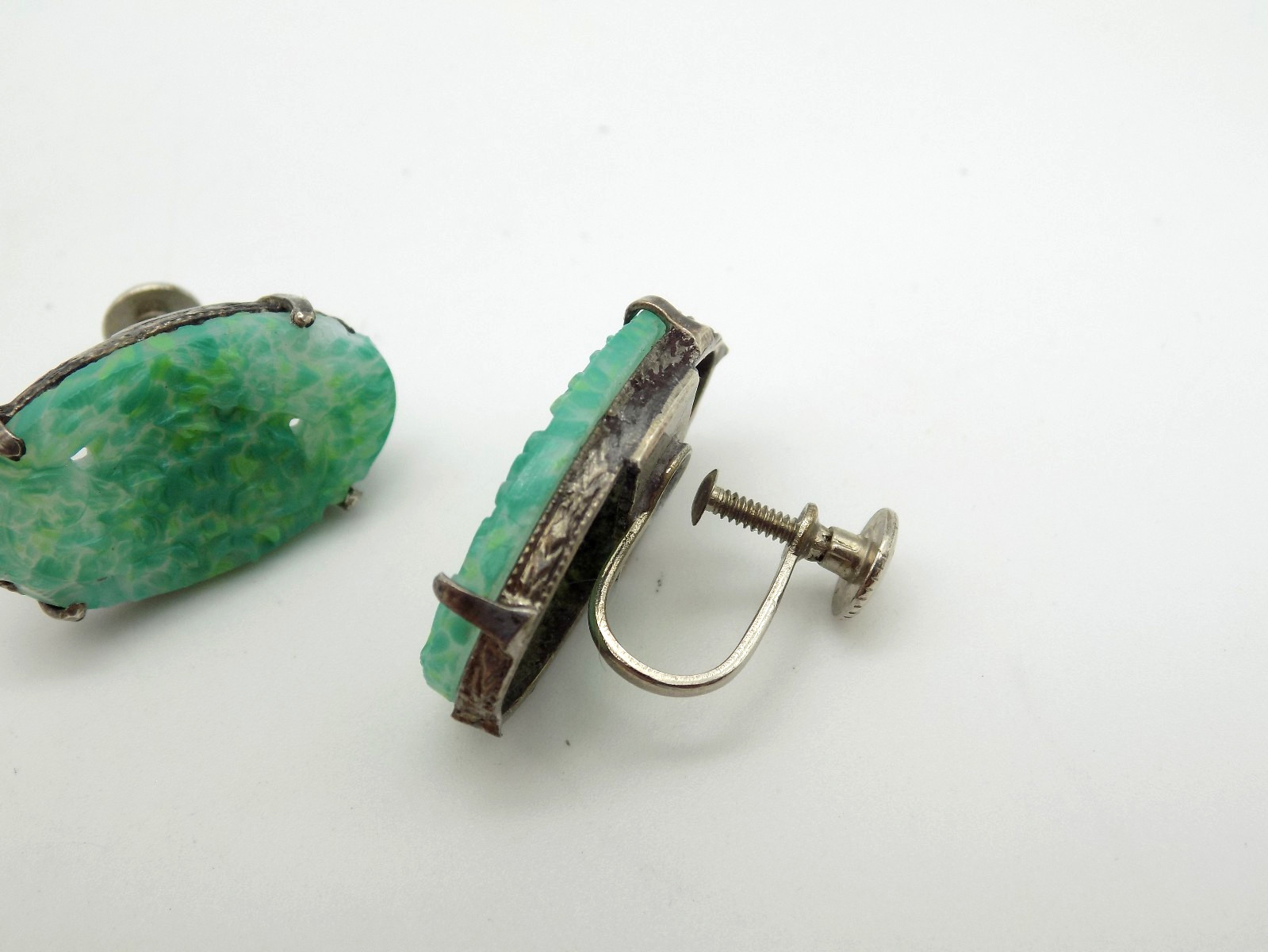 Vintage Art Deco Faux Jade Molded Glass Screwback Earrings Peking Dragon