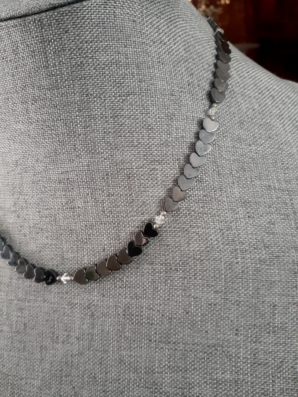 Hematite Heart shaped Bead Necklace with Clear Crystal Station Necklace 18″