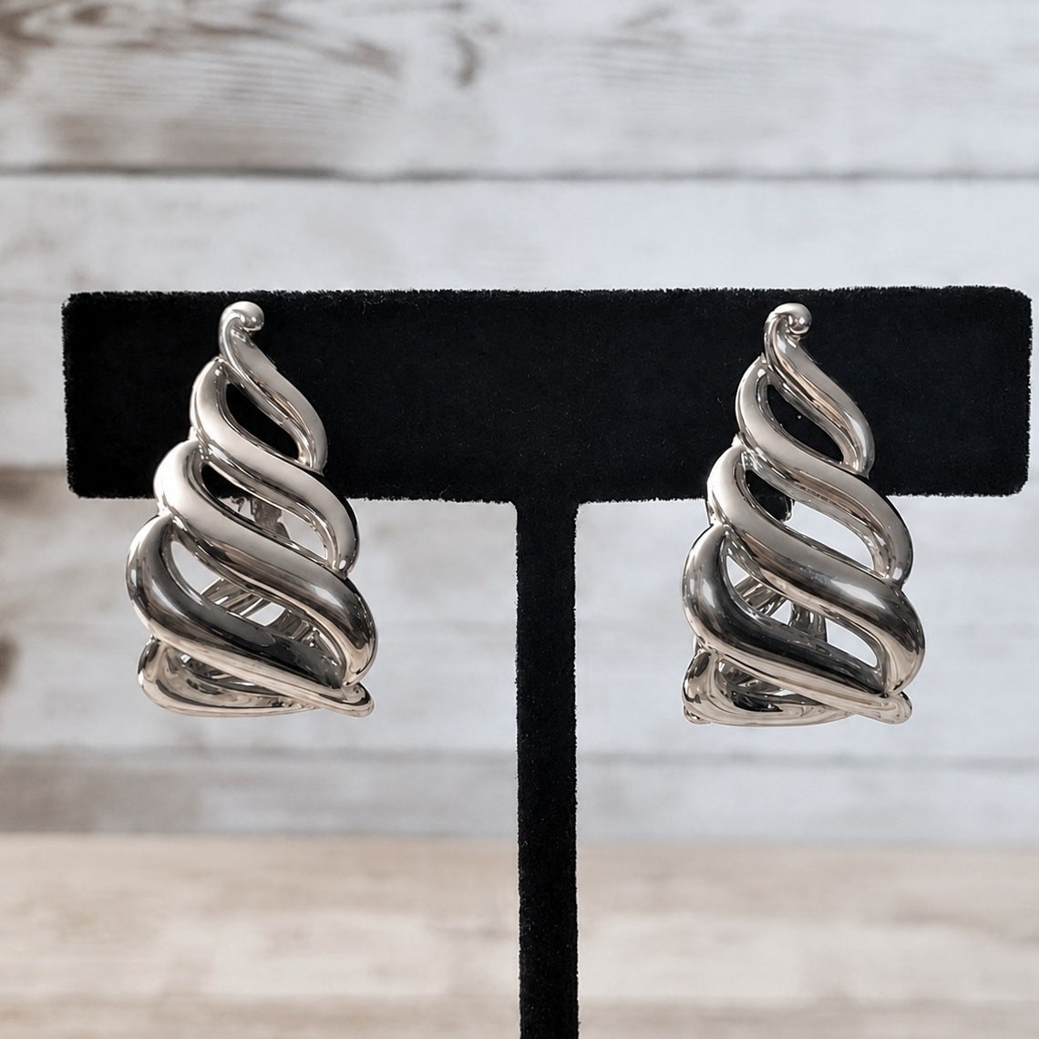 Vintage Napier Clip On Earrings 1 & 1/8″ Silver Tone Elongated Hoops Statement