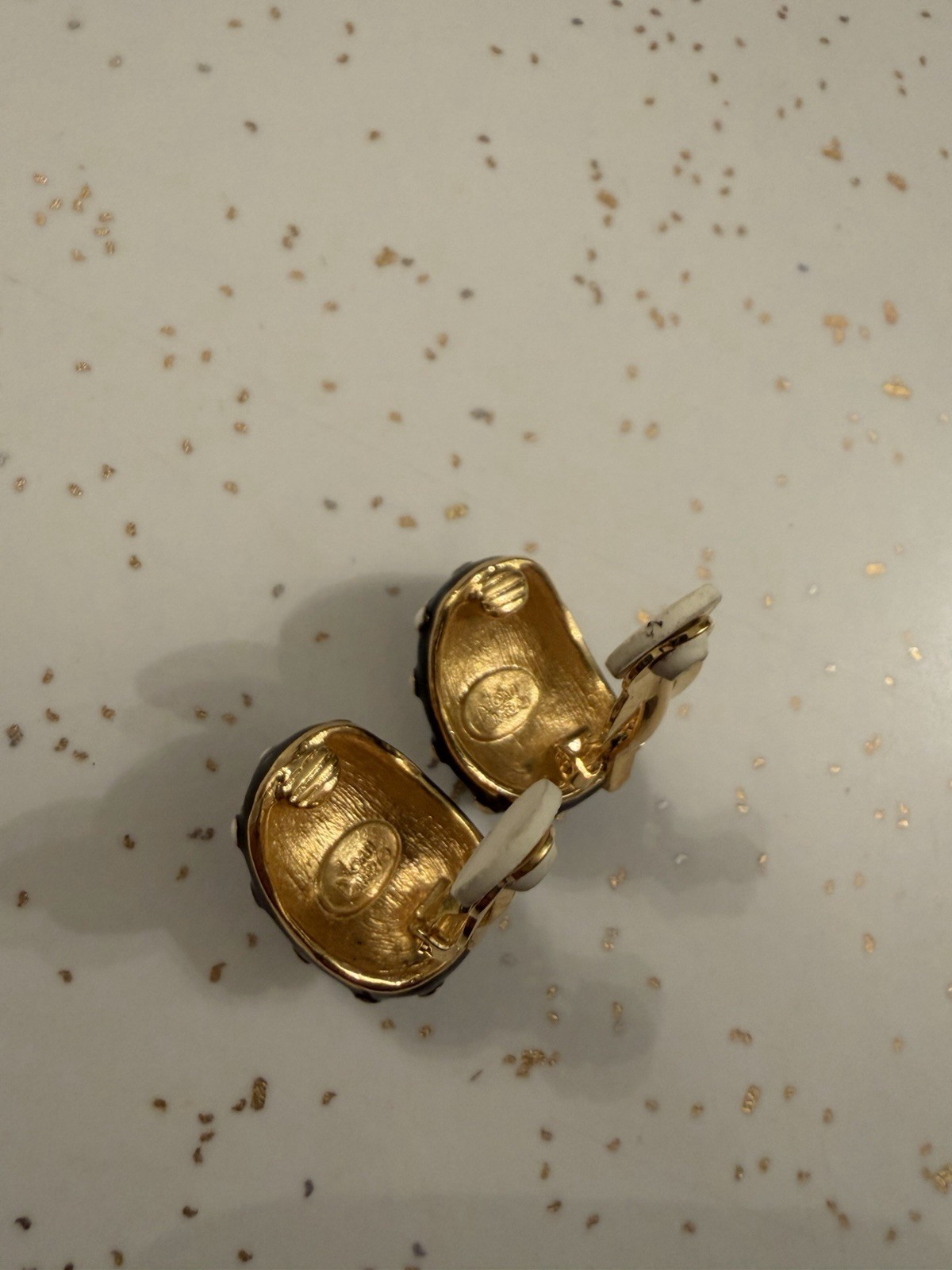 Vintage Joan Rivers Black Enamel White Polka Dot Domed Egg Clip-On Earrings