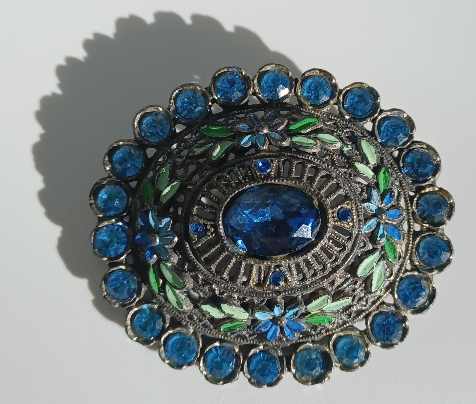 Vintage 1940s Little Nemo Blue Rhinestone Enamel Brooch Pin 2.2″ x 1.9″