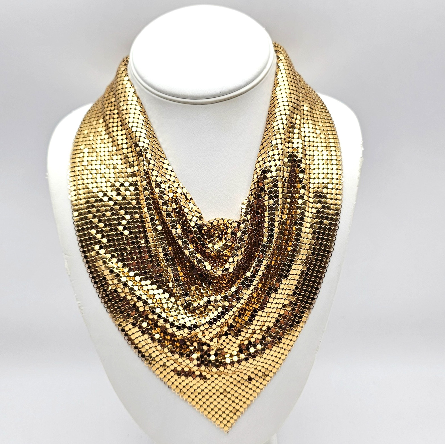 Vintage Whiting & Davis Gold Tone Mesh Scarf Bib Statement Necklace Disco