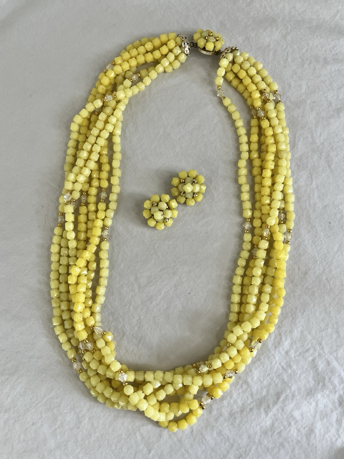 Hong Kong Yellow Beaded Necklace and Clip On Earrings Set Seven Strand Necklace