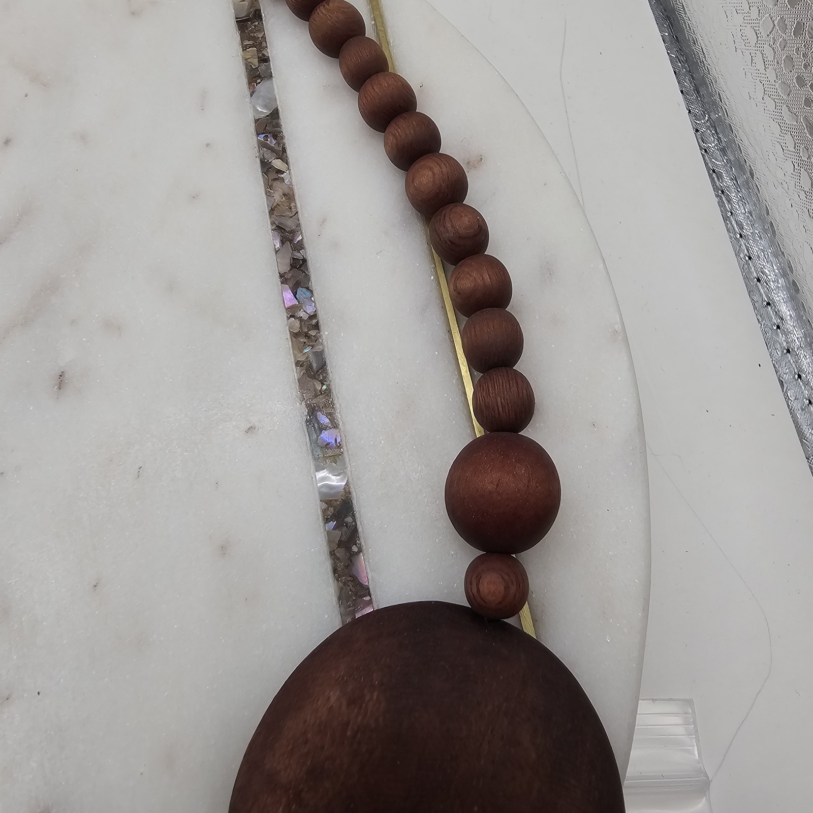 VTG Chunky Wood Bead Necklace Statement Large Brown Natural Geometric Boho 25 in