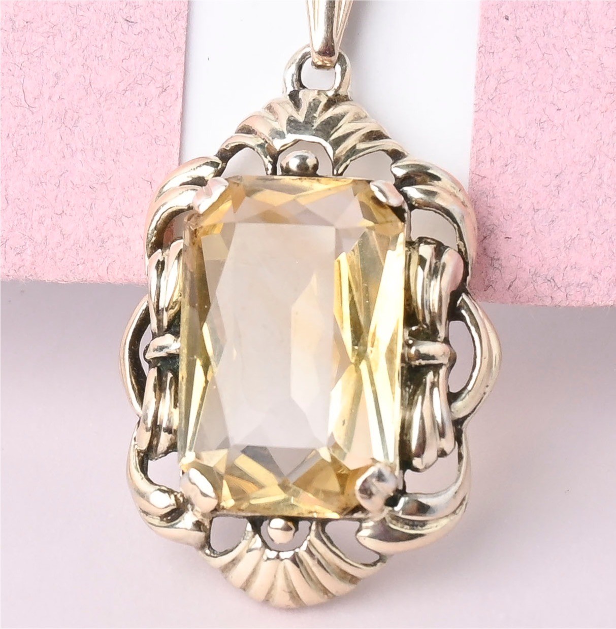 Vintage 1940s Emerald Cut Natural Citrine 835 Silver Signed Pendant