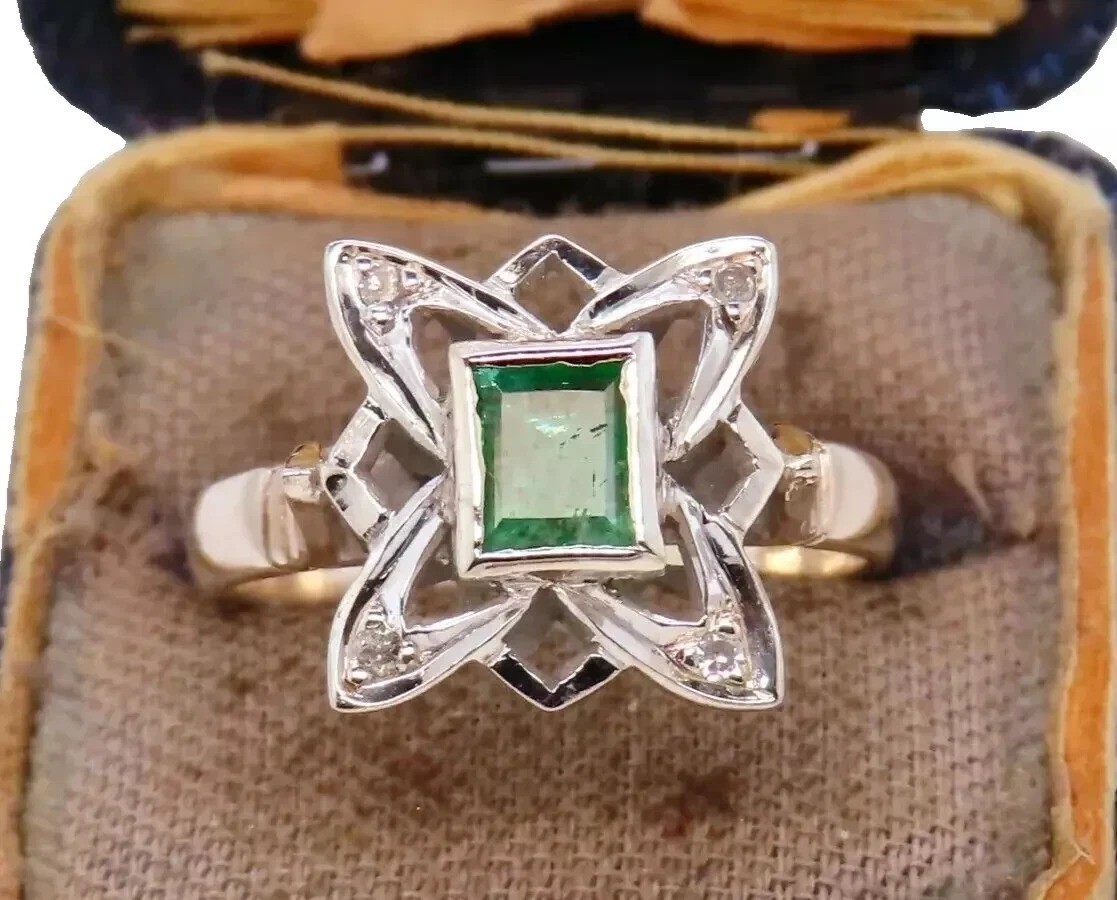 Vintage Art Deco Style Green Lab Created Emerald Wedding 14K White Gold FN Ring