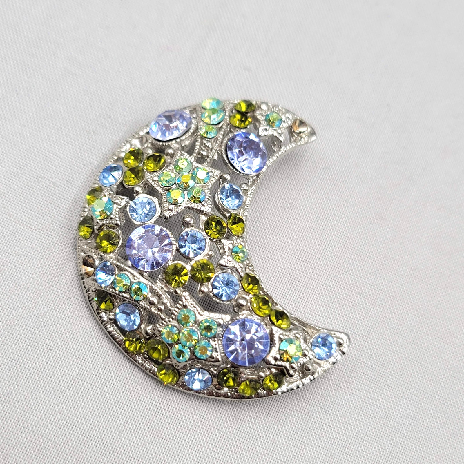 Vintage Crescent Moon Brooch Blue Green Rhinestone Silver tone 2″