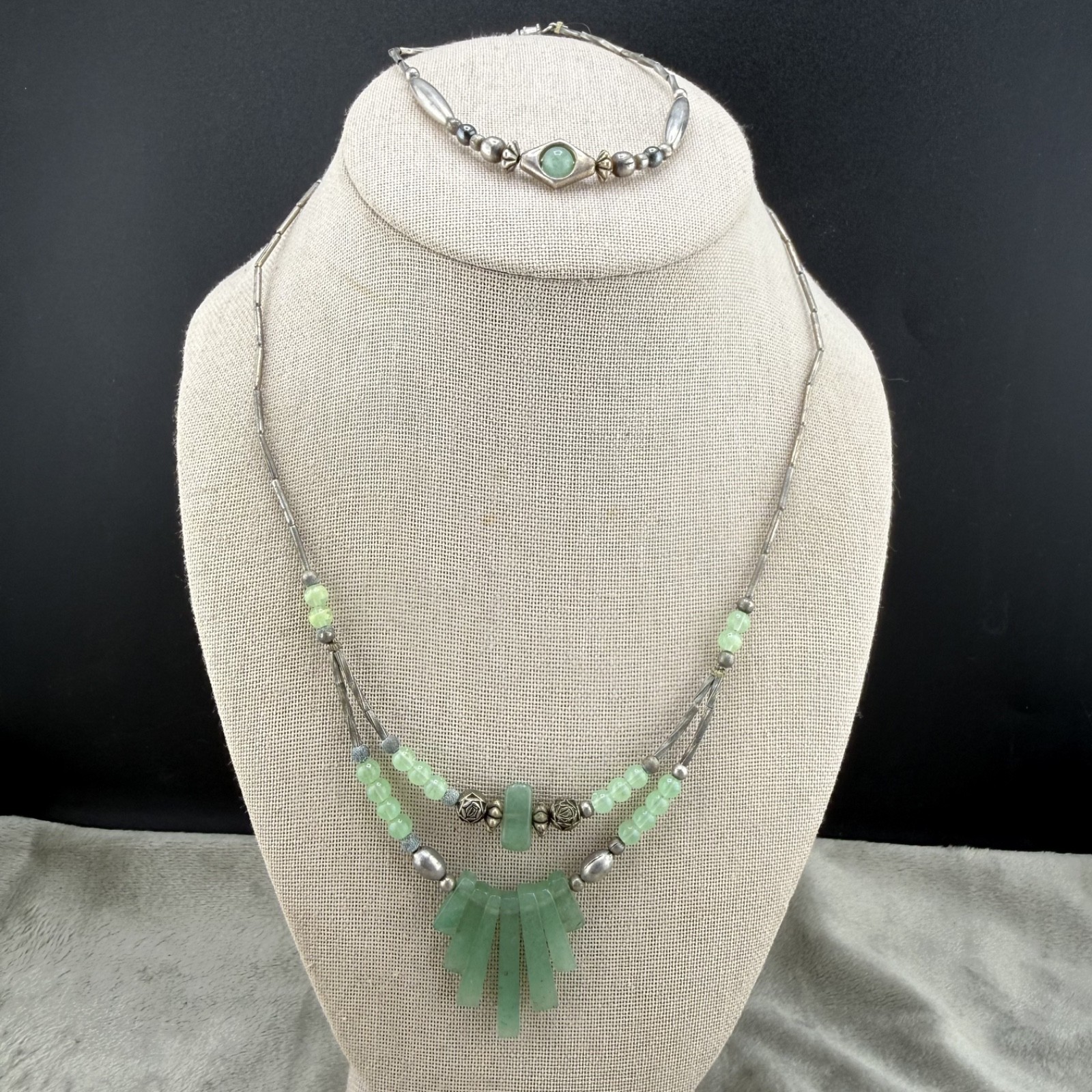 Vintage Necklace Bracelet Set Silver Tone Polished Stone Statement 19” 8”