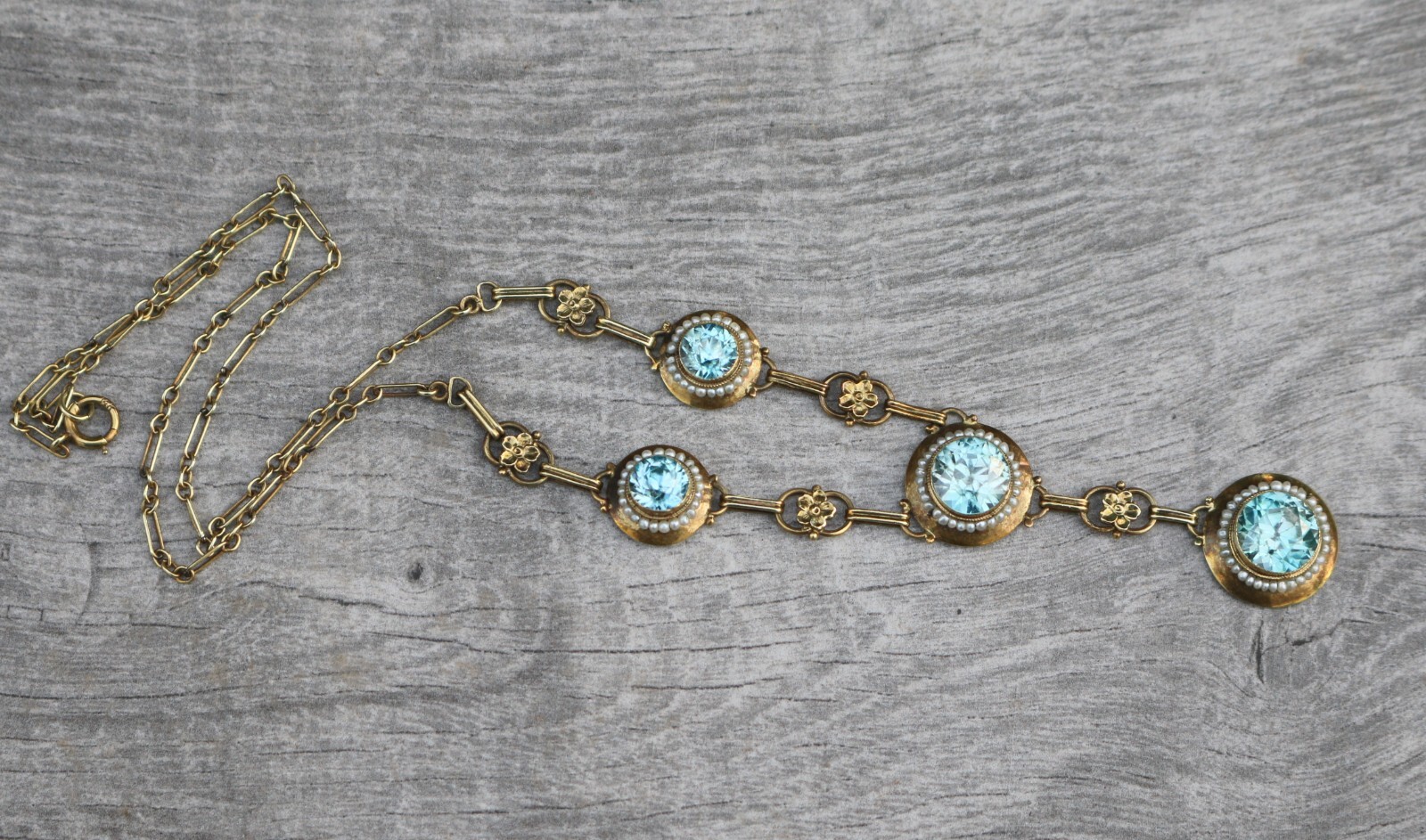 Antique Edwardian 14K Gold Round Vivid Blue Zircons with Seed Pearls Necklace