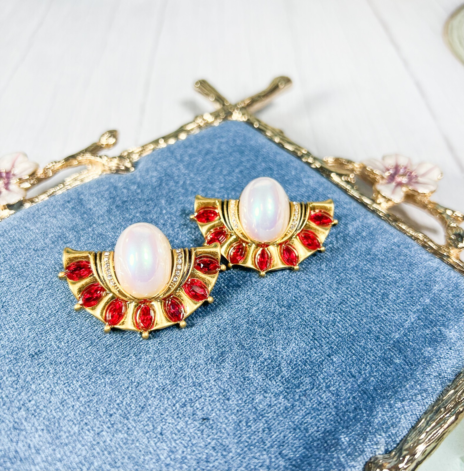 Victorian 14K Gold Earrings, Vintage Opal Sapphire Earrings, Ruby Red Earrings