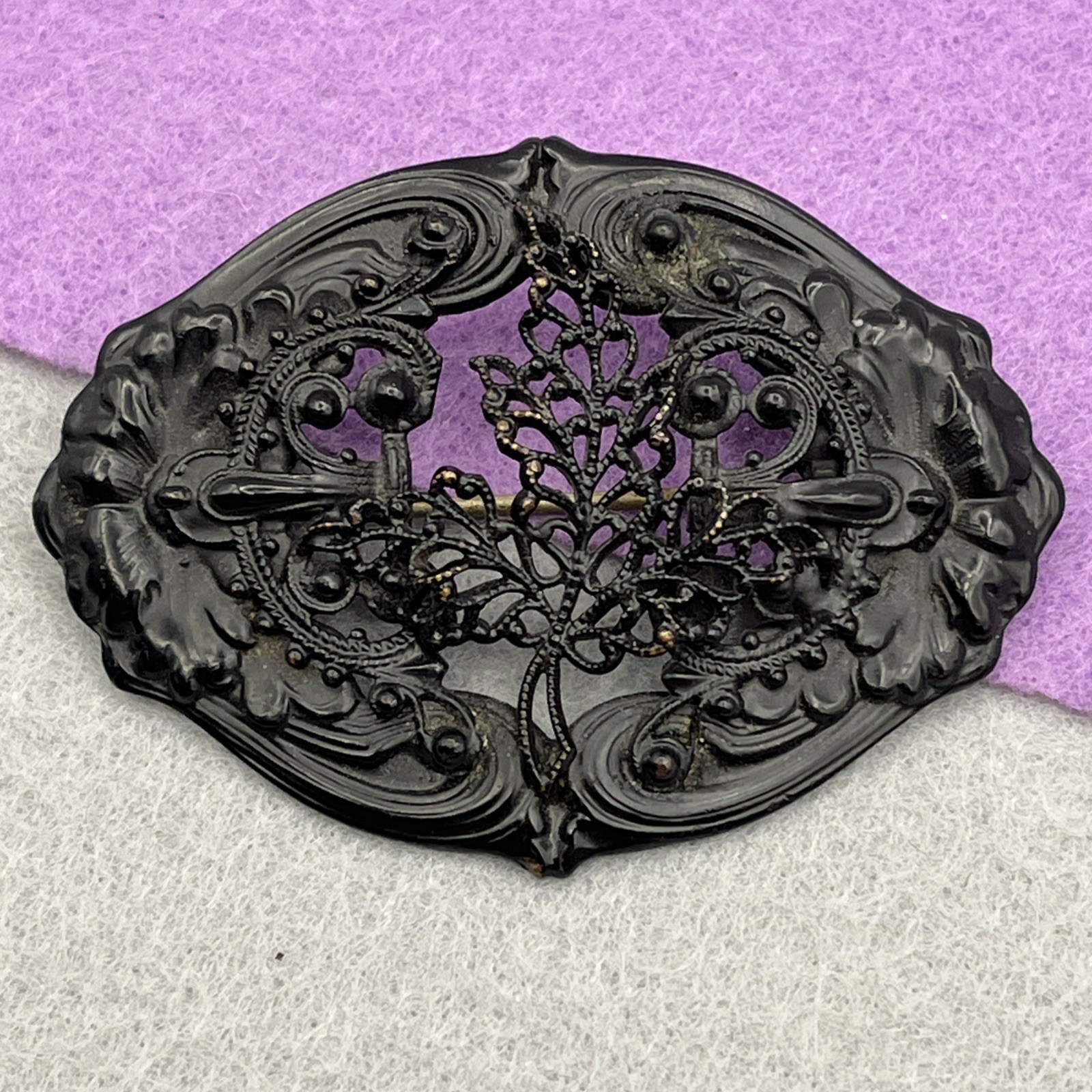 Antique Victorian Era Berlin Iron Style Mourning Brooch Filigree Scrools 2.75″
