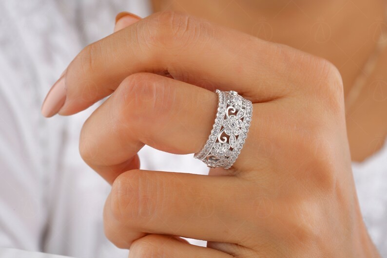 14K Gold Plated 925 Silver Moissanite Floral Band Engagement & Anniversary Ring