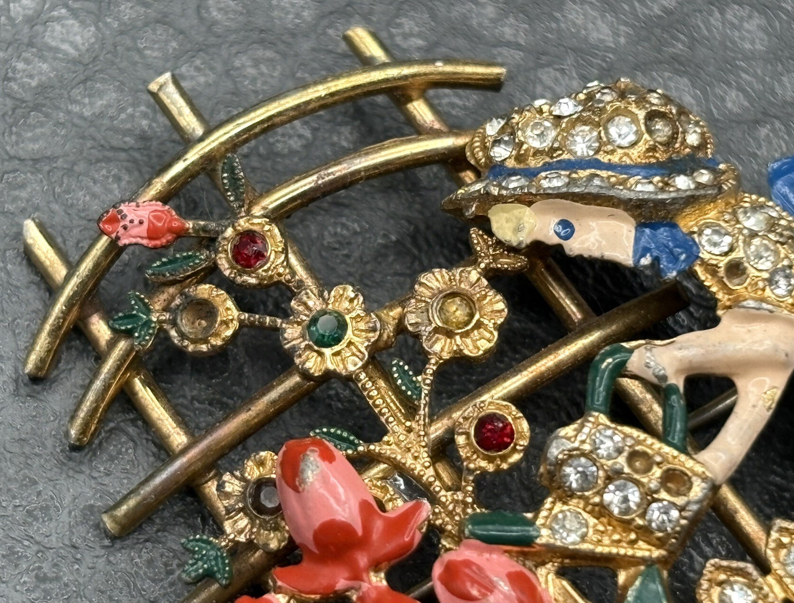 VTG Mistress Mary Enamel Rhinestone Girl Watering Flowers Pot Metal Pin Brooch