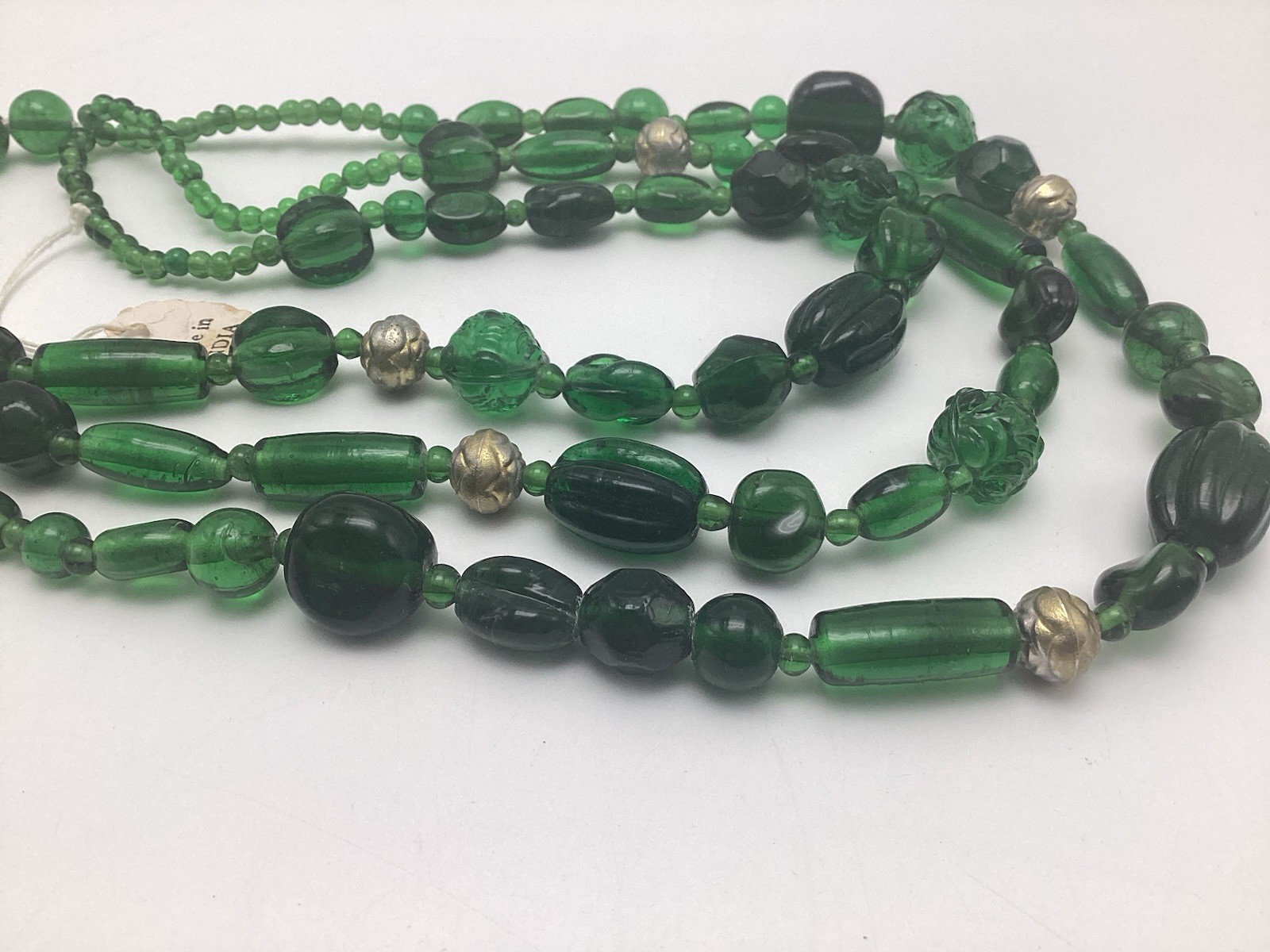 Vintage Emerald Green Glass Beaded Multi 3 Strand Necklace Made In India 19”