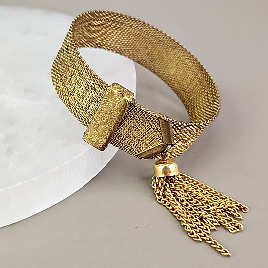 Vintage Mesh Chain Bracelet Victorian Revival Greek Key Tassel Gold Tone 7.25″