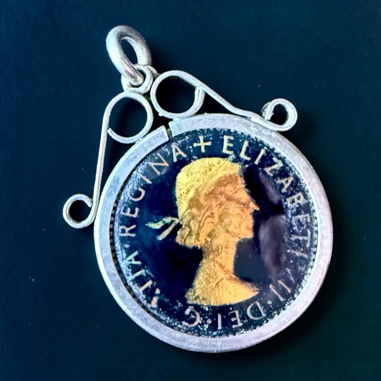Lucky Sixpence Pendant British Coin Charm Queen Elizabeth II Vintage 1954