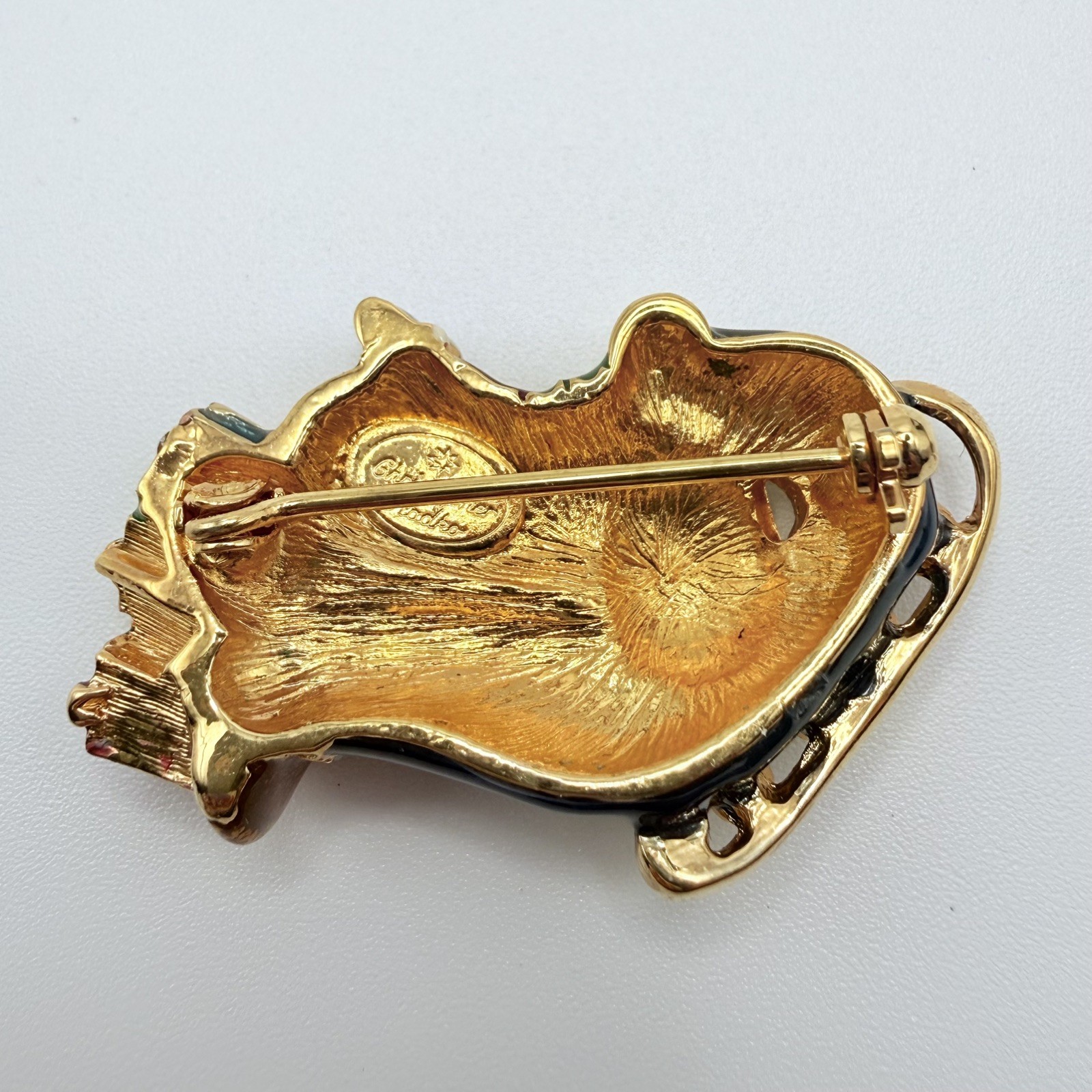 Christopher Radko Signed Enamel Christmas Santa Sleigh Rhinestones Brooch