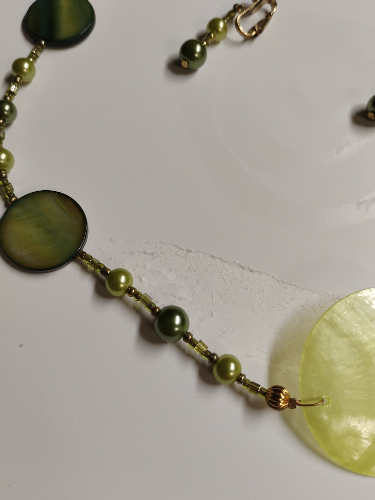 Green Shell and Green Mother Off Pearl Pendant Green Pearl 20″None Pierced Earri
