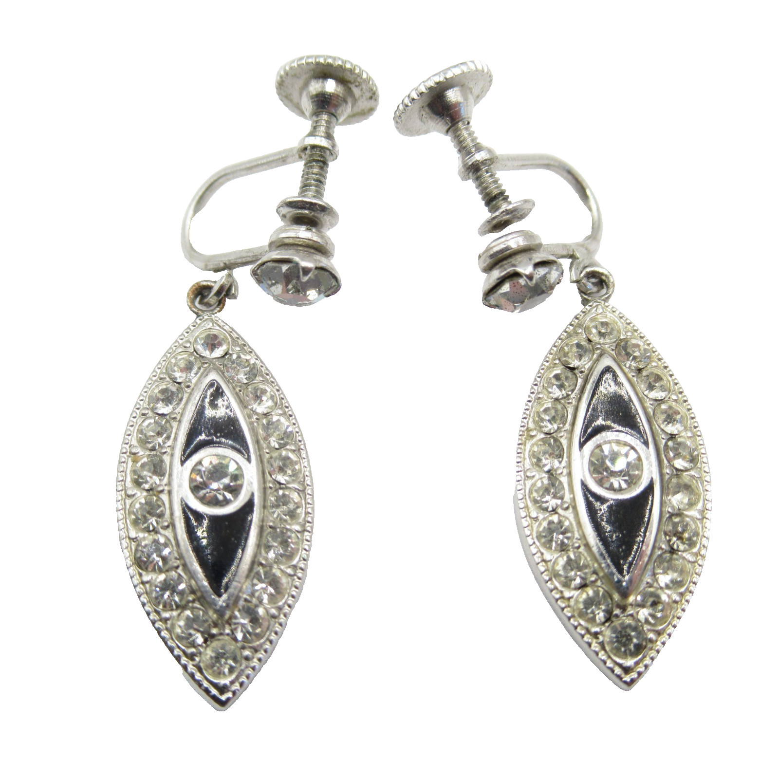 Fancy Screw Back Earrings Black Enamel Rhinestones Oval Old Fashioned