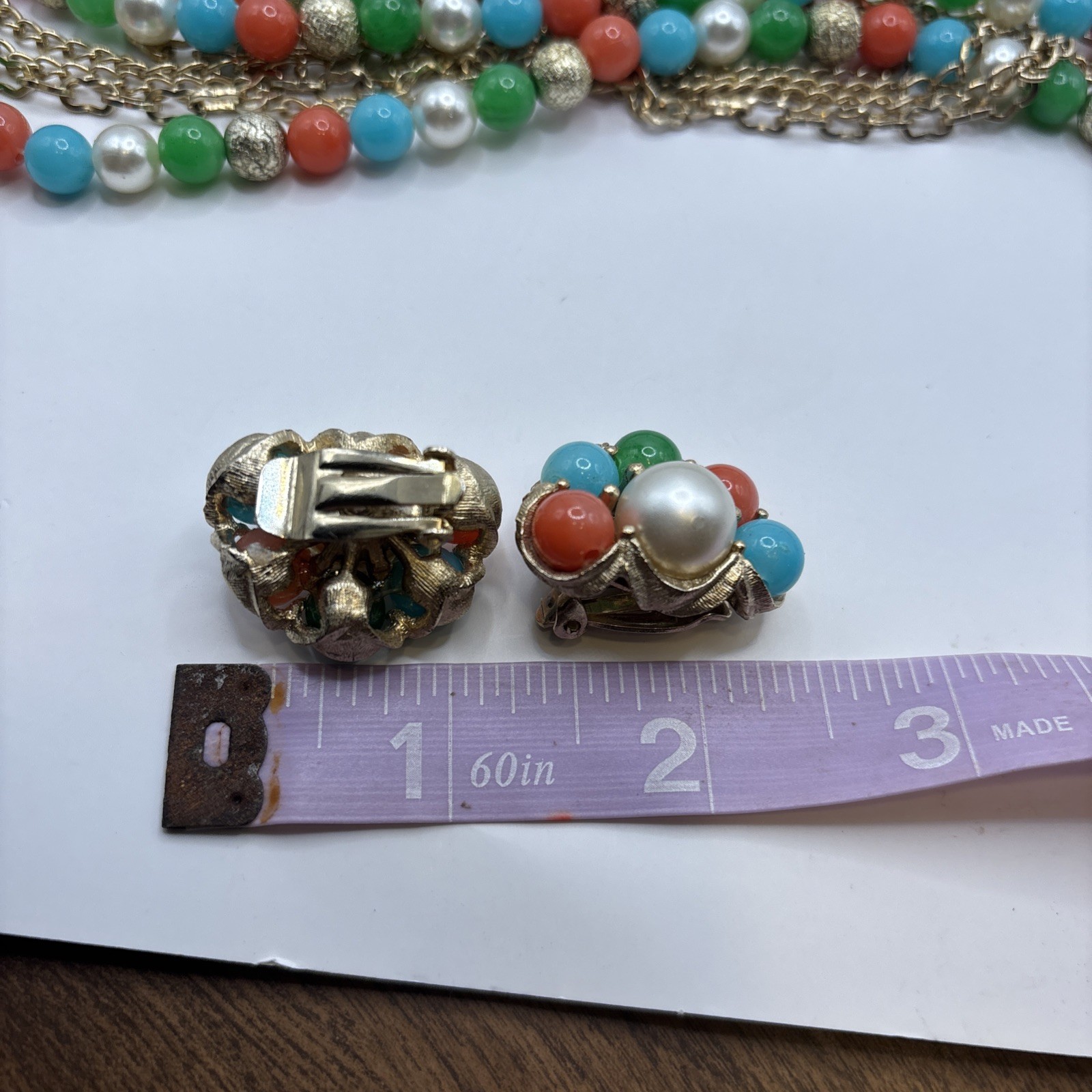 Vintage Gold Toned Multi Strand Necklace, Earring, Bracelet Set Multicolored