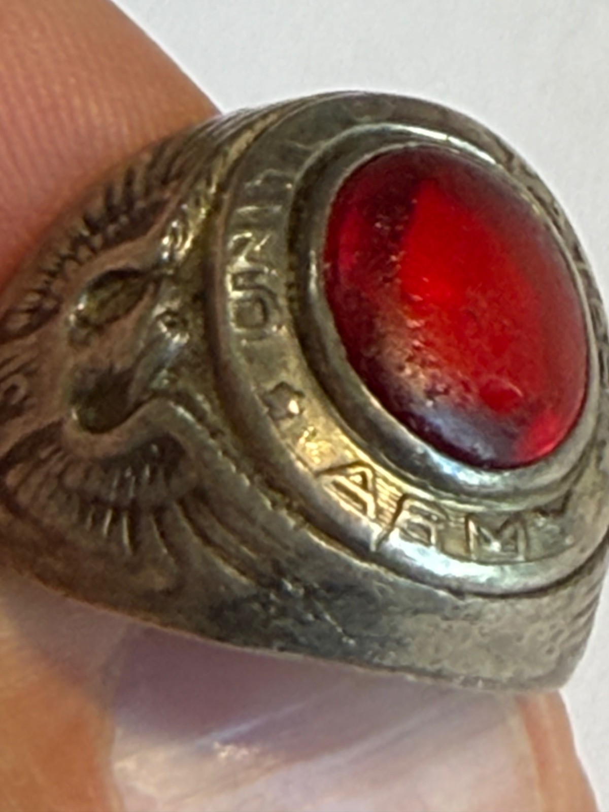 Vintage ARMY Sterling Silver Ring with Eagle and Red Stone