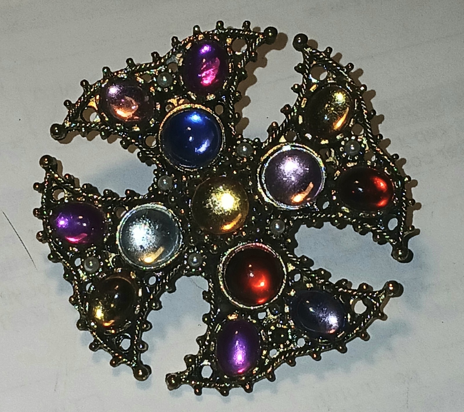 Vintage multi color moon glass in gold metal setting brooch/ pin