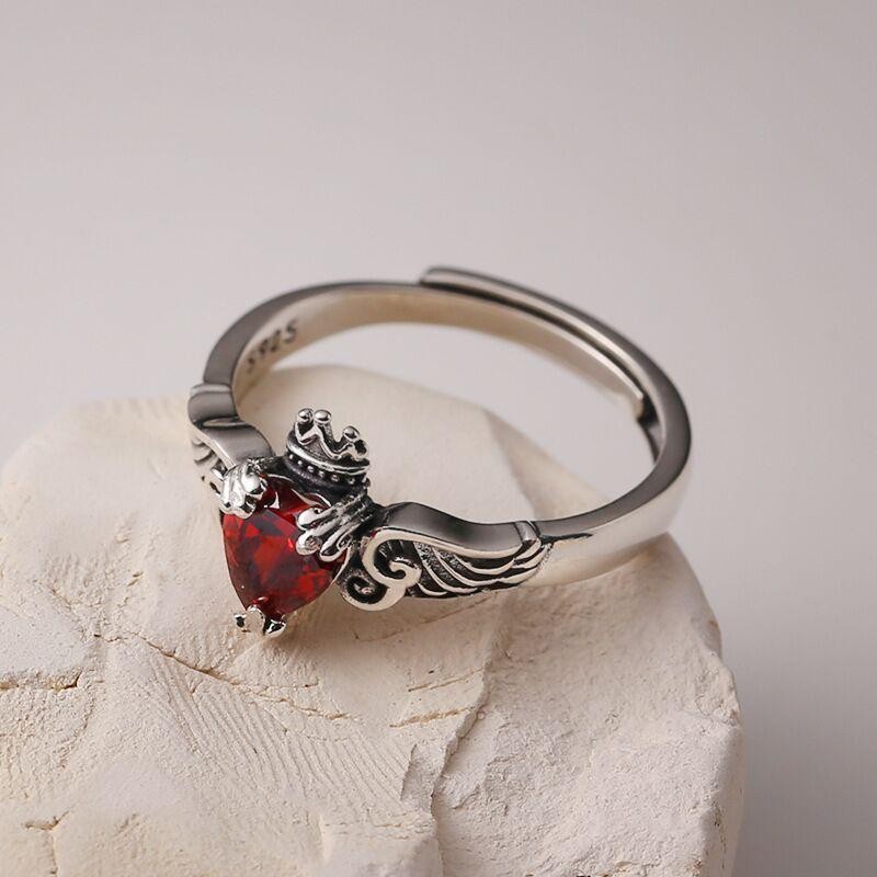 Vintage 925 Sterling Silver Wing Crystal Heart Ring Women Wedding Jewelry Gift