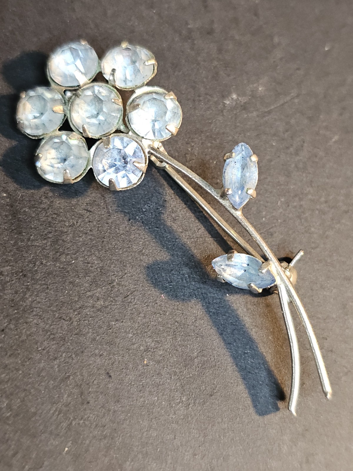 Vintage Azub Austrian Light Blue Crystal Flower Brooch Silver Tone Stem Leaves
