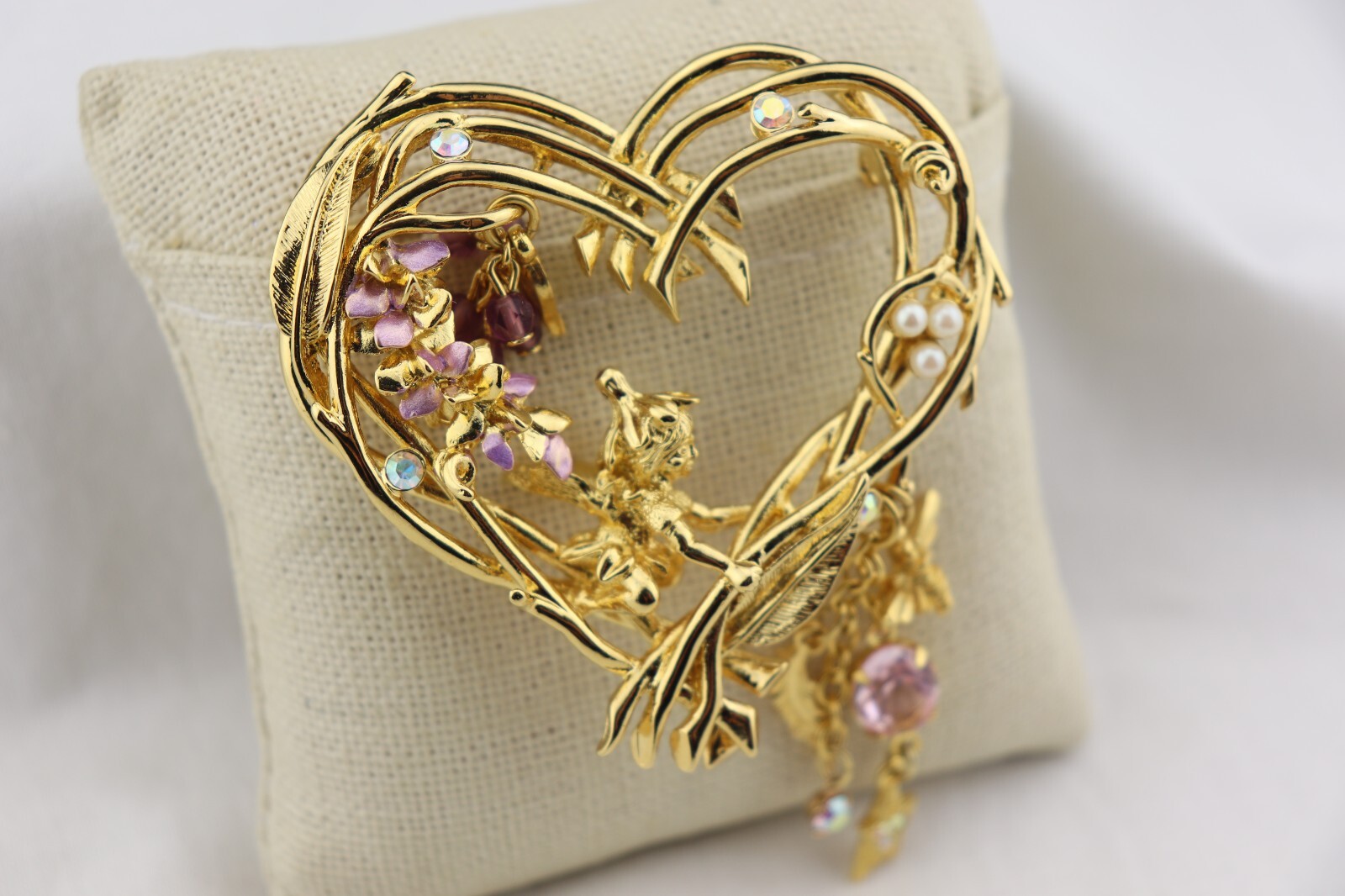 Vintage Kirks Folly Gold Tone Wisteria Heart Wood Fairy Rhinestone Pin Brooch